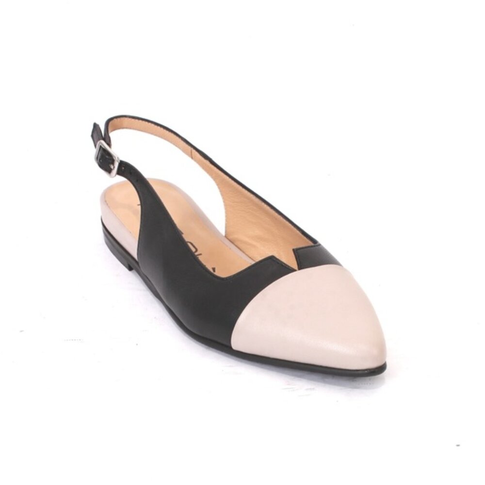 MOT-CLe 2885 Beige Black Leather Pointy Slingbacks Heel Sandals